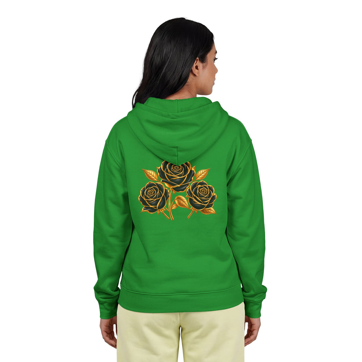 The Three Roses: Unisex Gold Floral Full-Zip Hoodie Graphic Logo