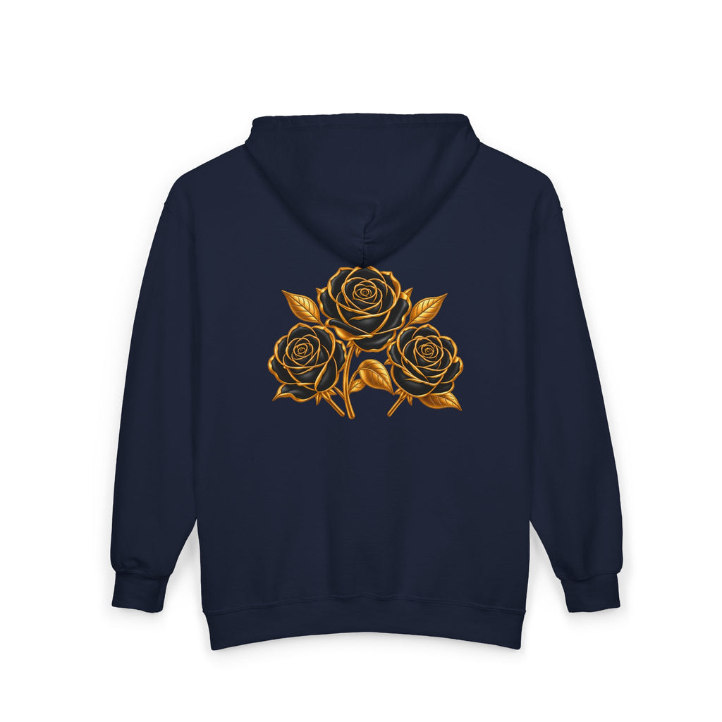 The Three Roses: Unisex Gold Floral Full-Zip Hoodie Graphic Logo