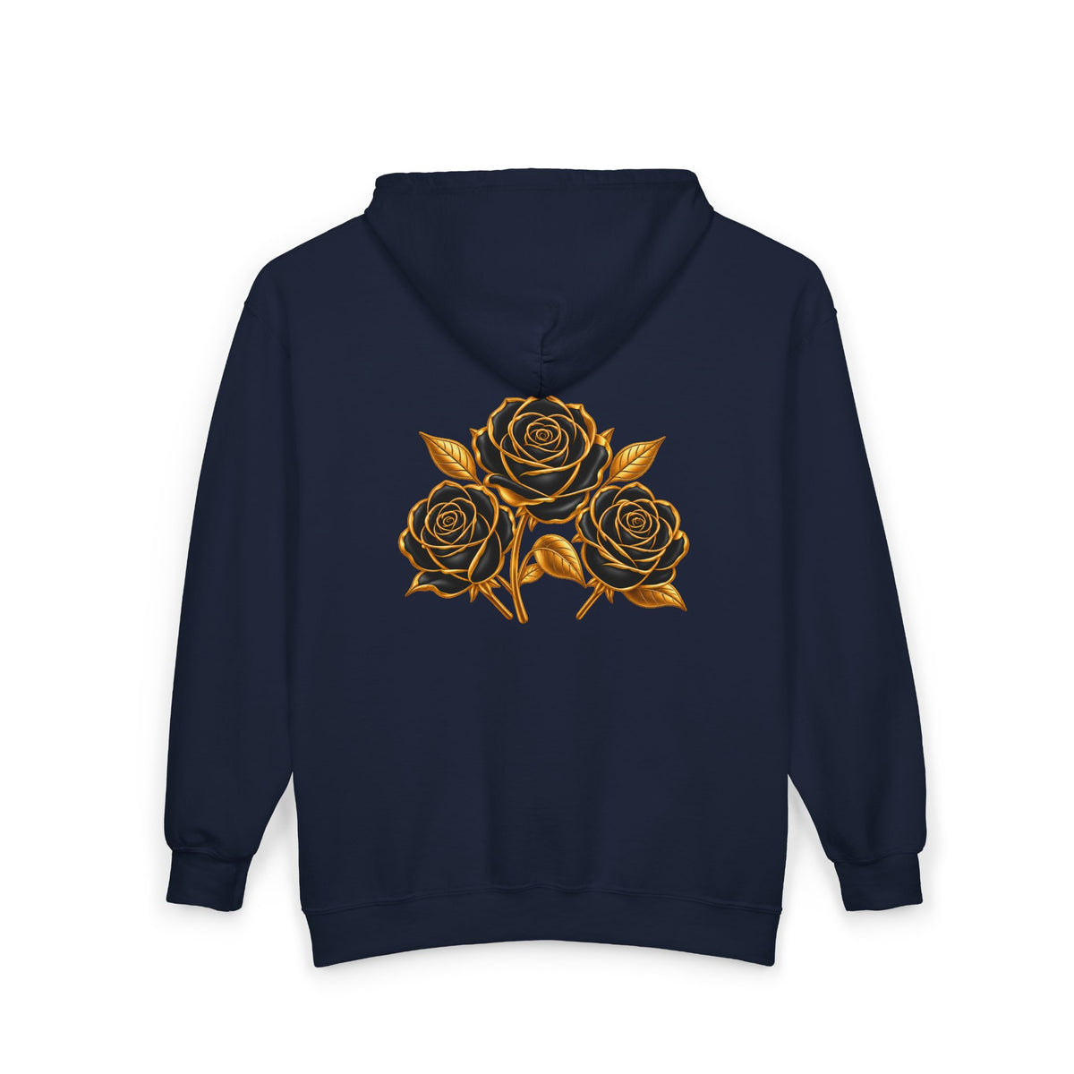 The Three Roses: Unisex Gold Floral Full-Zip Hoodie Graphic Logo