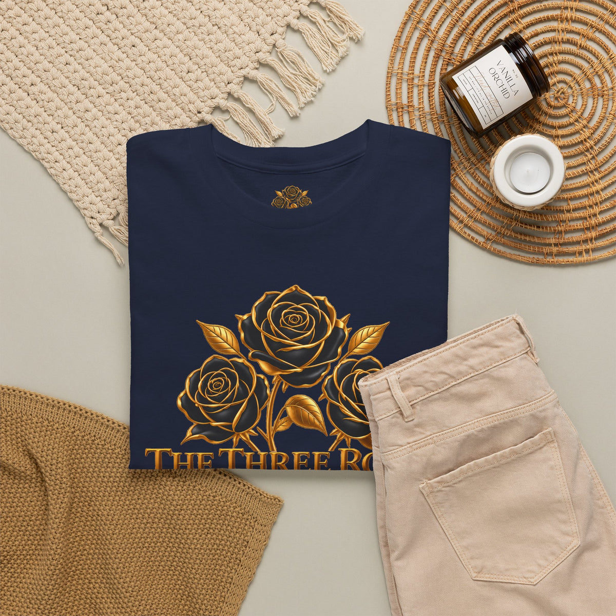 The Three Roses Tee — Mens Gold Floral Graphic T-Shirt