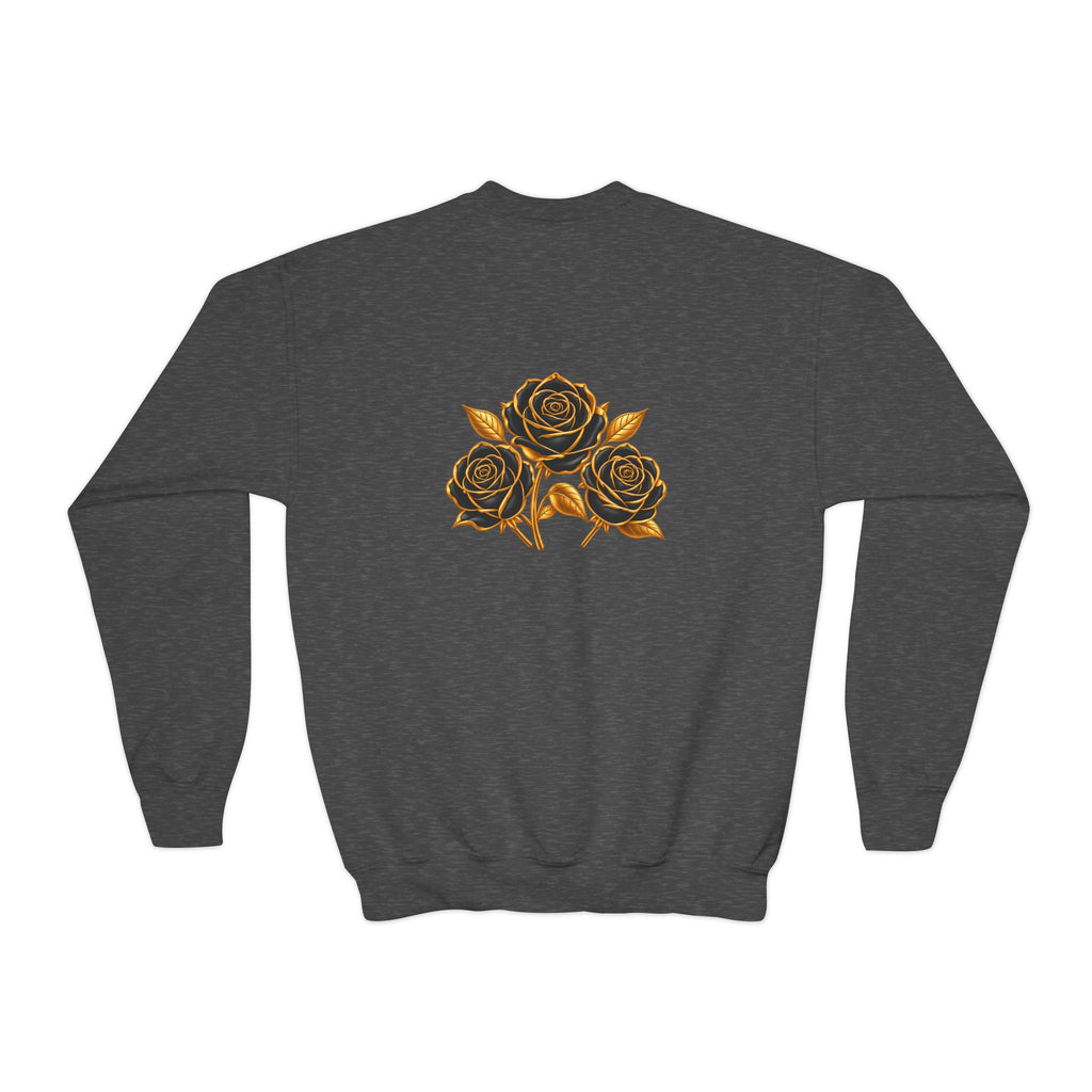 The Three Roses: Youth Crewneck Sweatshirt — Gold & Black Rose Graphic Logo