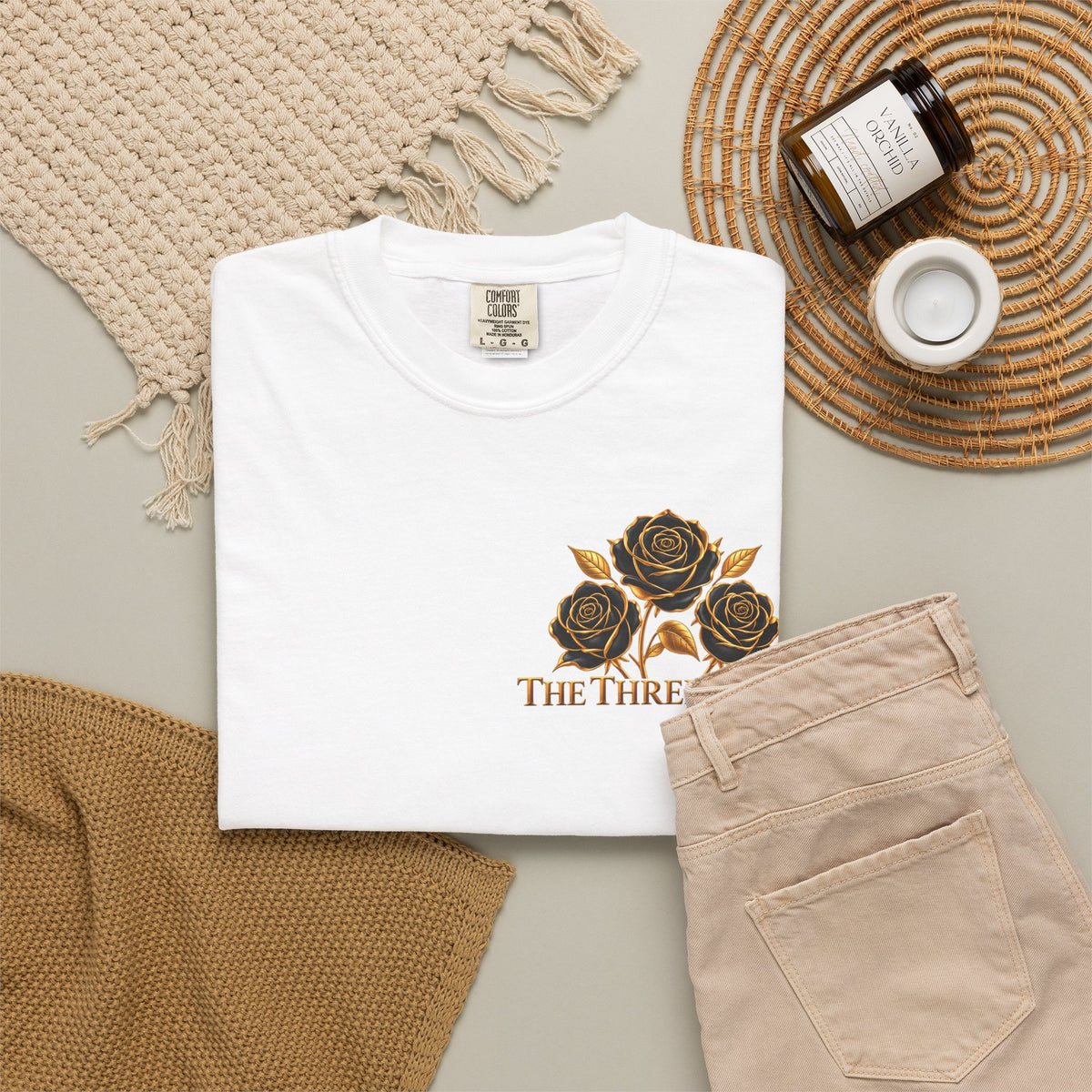 The Three Roses Graphic: Unisex T-Shirt  Gold & Black Floral Tee