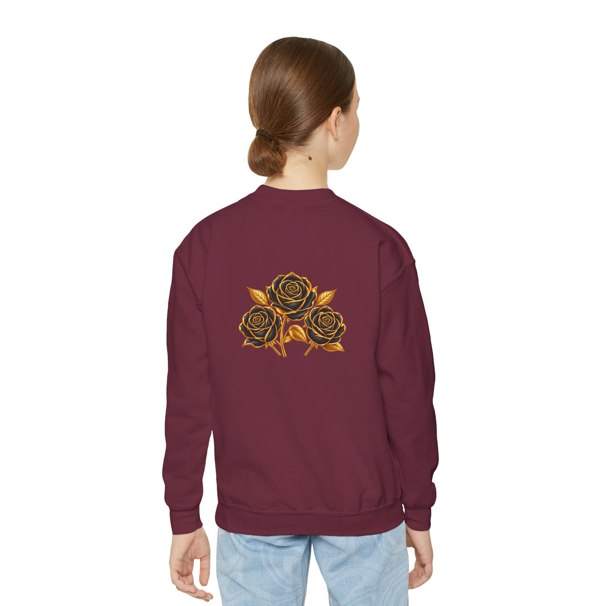The Three Roses: Youth Crewneck Sweatshirt — Gold & Black Rose Graphic Logo