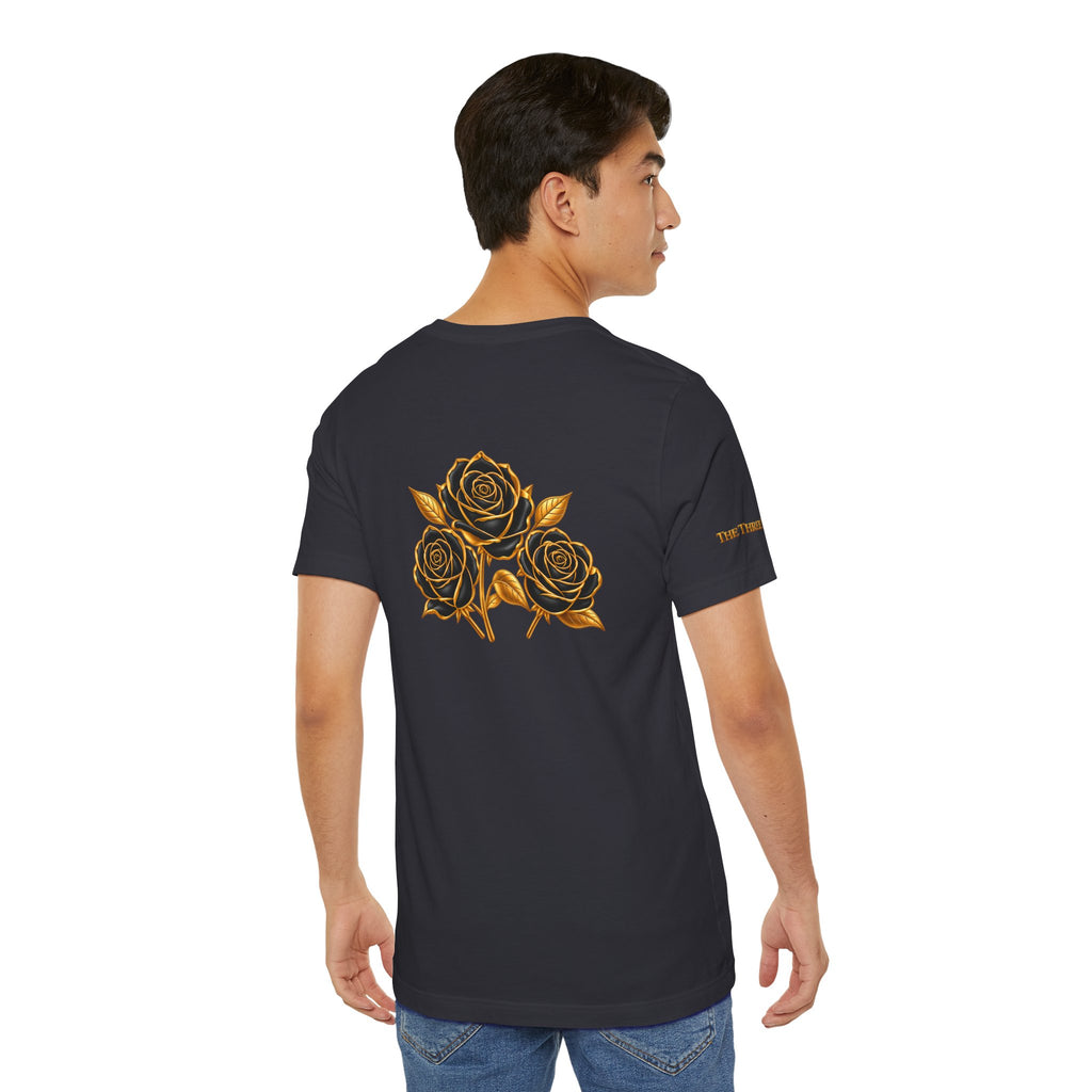 The Three Roses: Unisex Gold Black Rose T-Shirt Graphic Logo