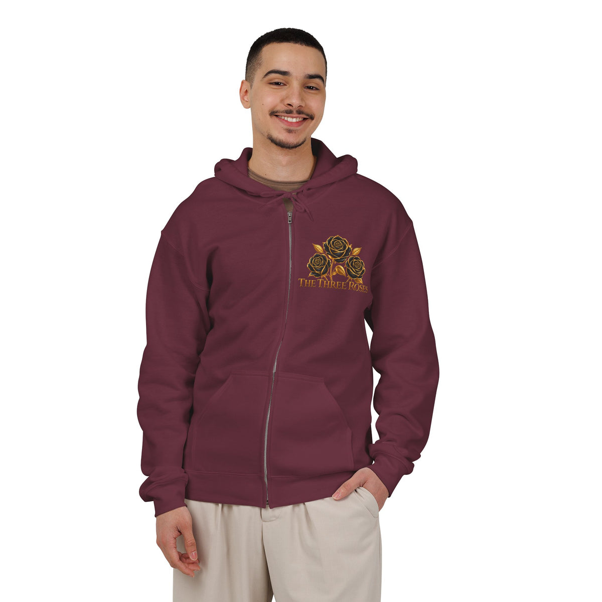 The Three Roses: Unisex Gold Floral Full-Zip Hoodie Graphic Logo