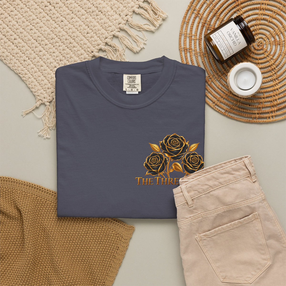 The Three Roses Graphic: Unisex T-Shirt  Gold & Black Floral Tee