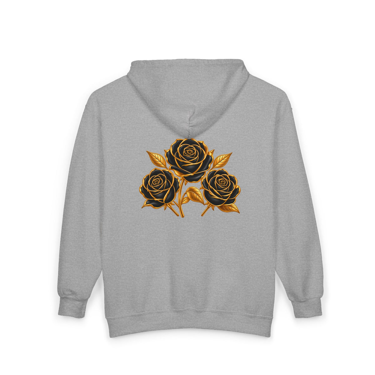 The Three Roses: Unisex Gold Floral Full-Zip Hoodie Graphic Logo