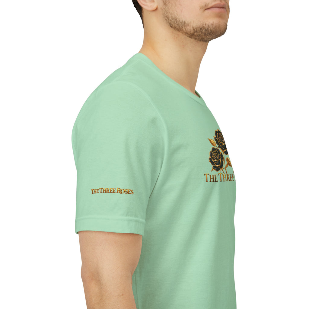The Three Roses: Unisex Gold Black Rose T-Shirt Graphic Logo