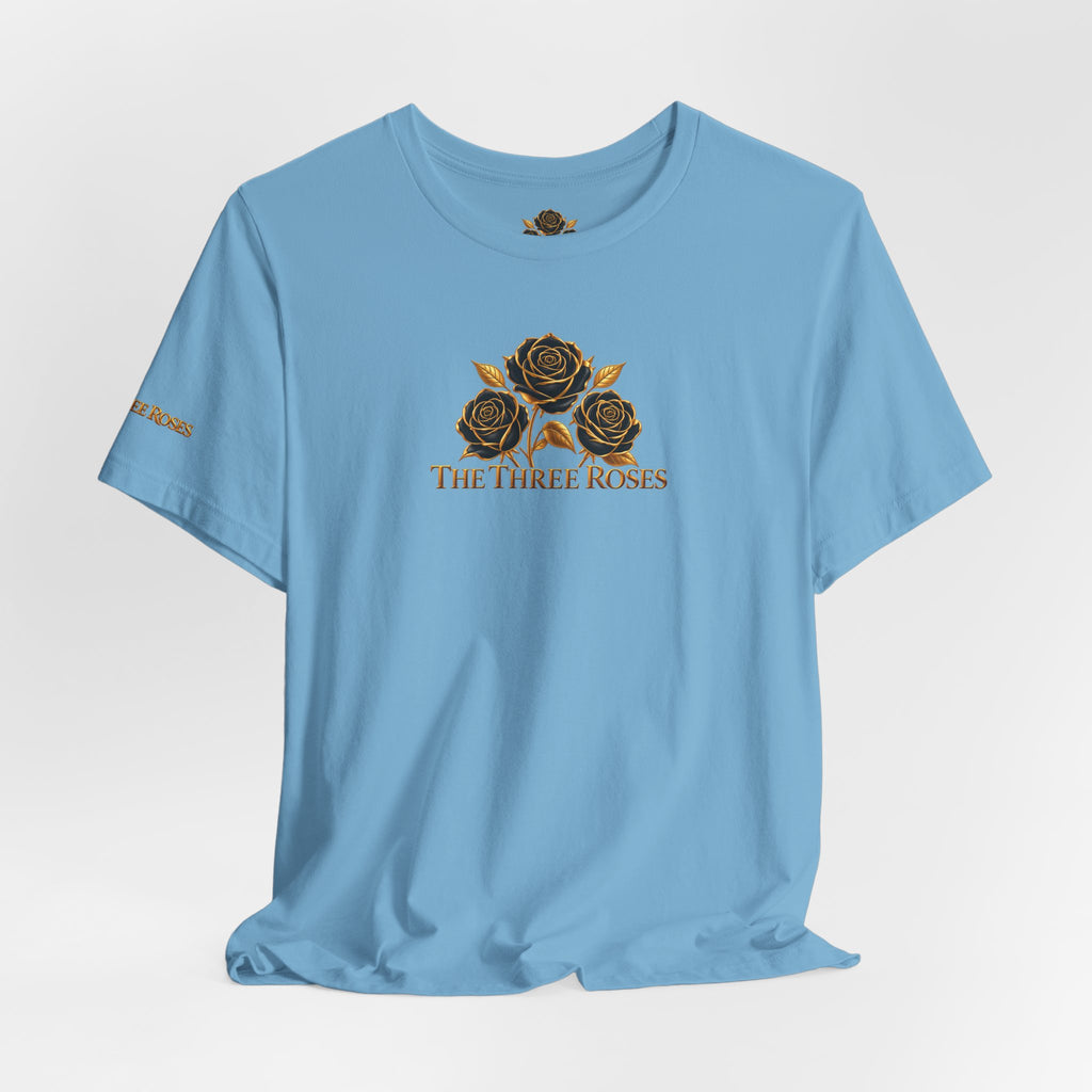 The Three Roses: Unisex Gold Black Rose T-Shirt Graphic Logo