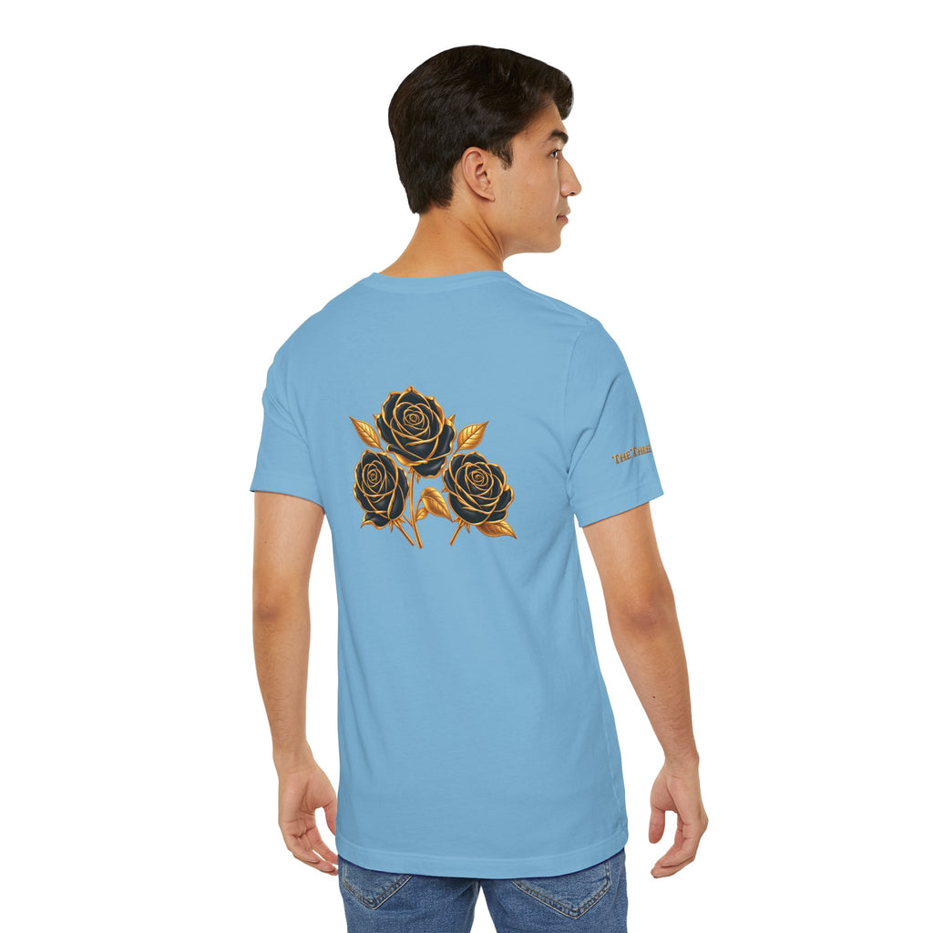 The Three Roses: Unisex Gold Black Rose T-Shirt Graphic Logo