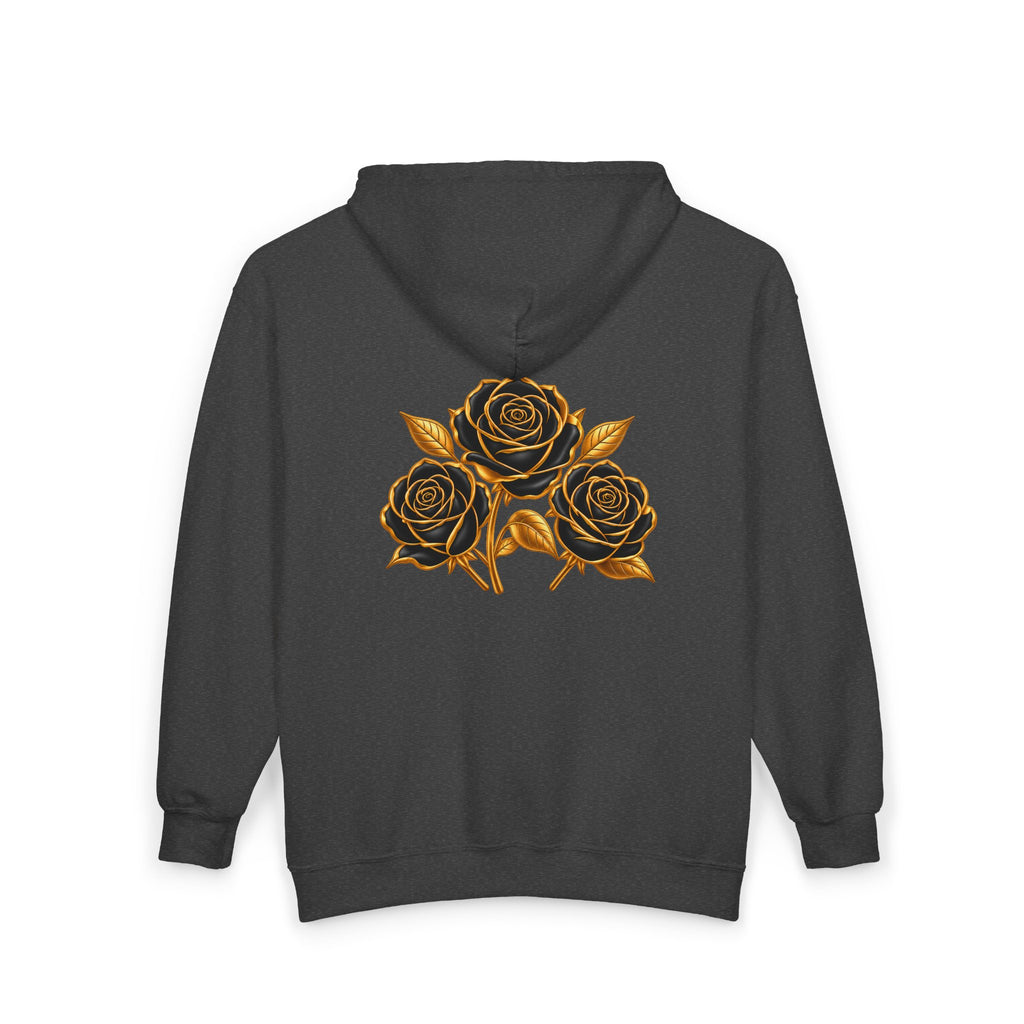 The Three Roses: Unisex Gold Floral Full-Zip Hoodie Graphic Logo