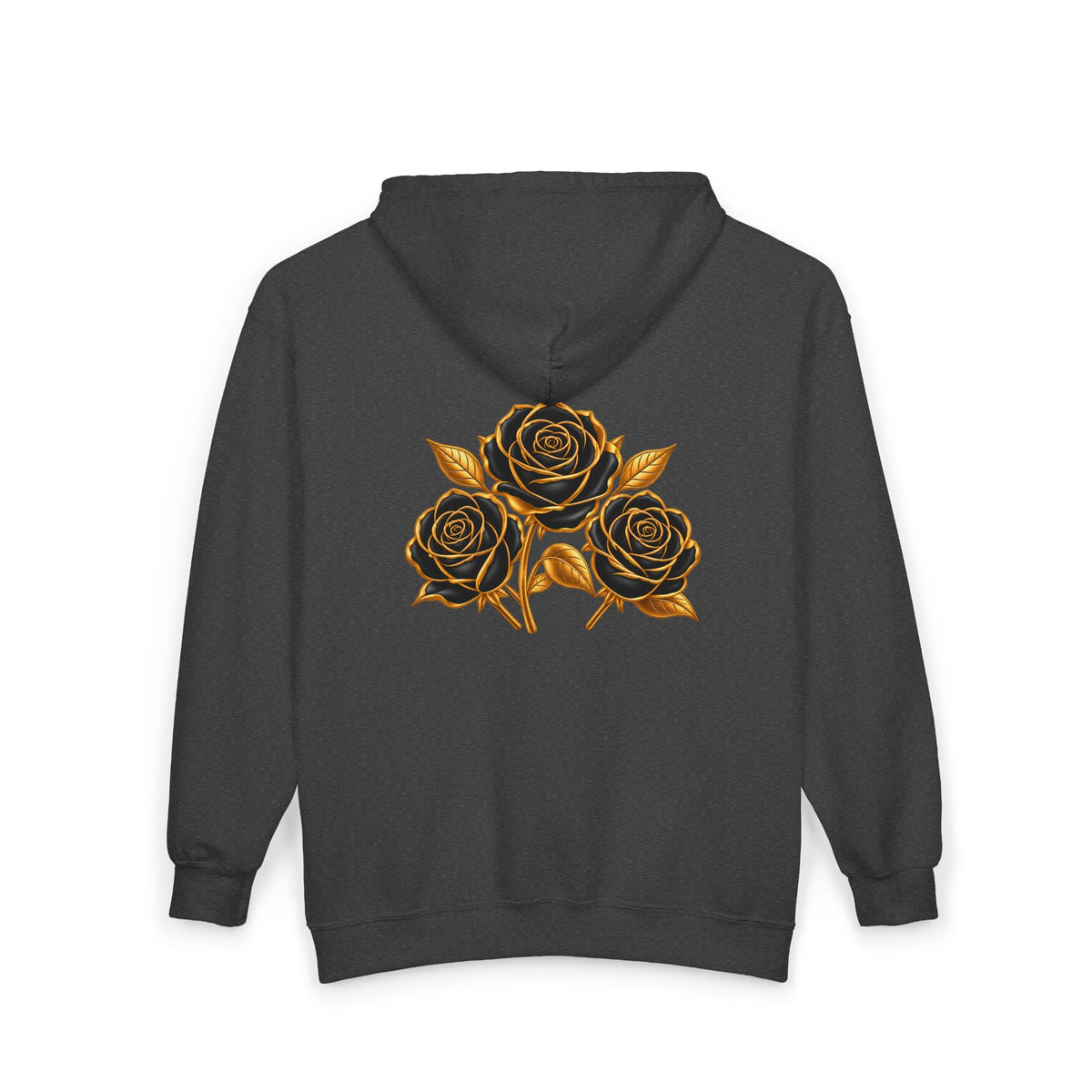 The Three Roses: Unisex Gold Floral Full-Zip Hoodie Graphic Logo