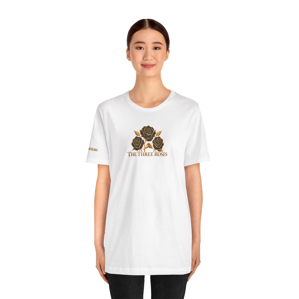The Three Roses: Unisex Gold Black Rose T-Shirt Graphic Logo