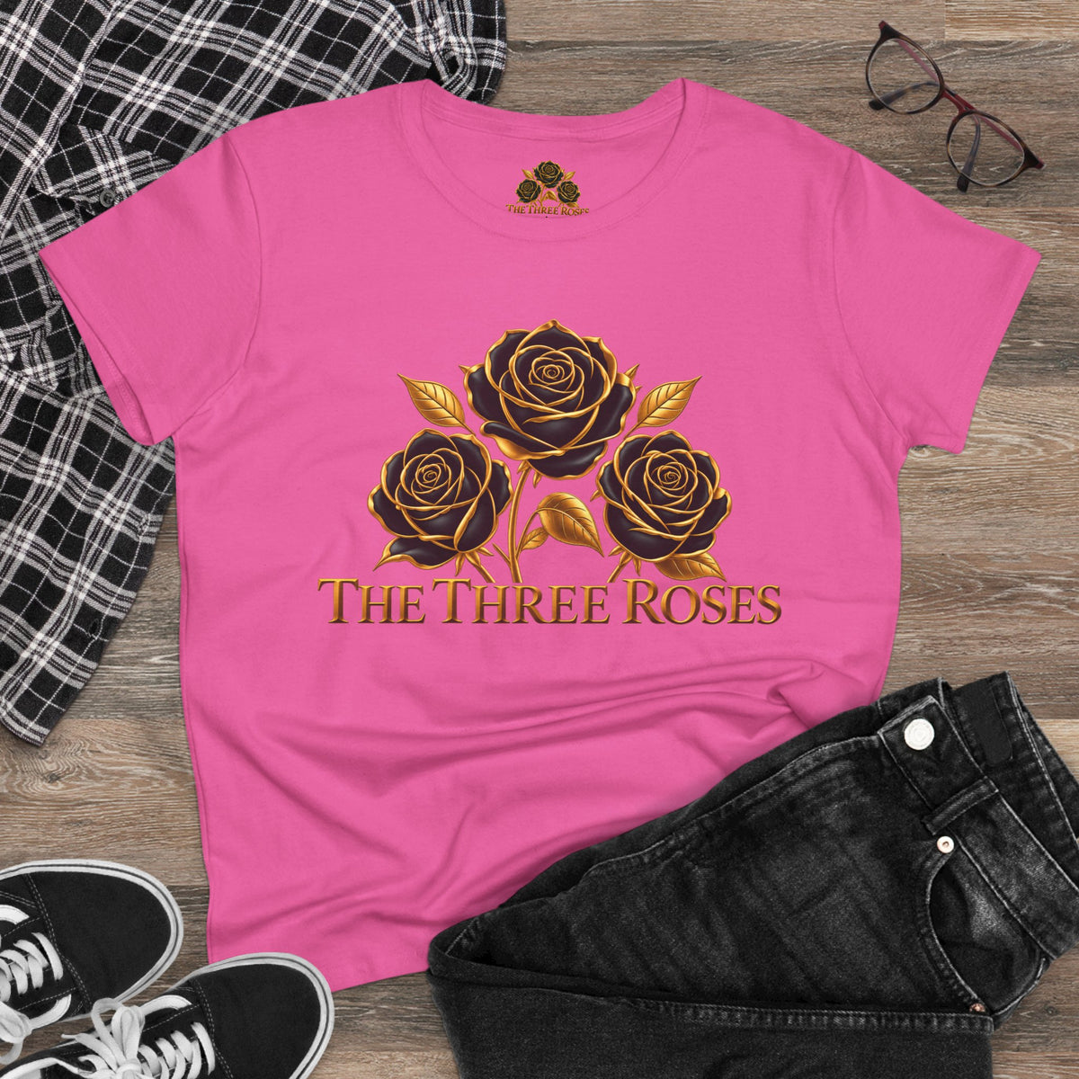The Three Roses Tee: Womens Black & Gold Rose Graphic T-Shirt