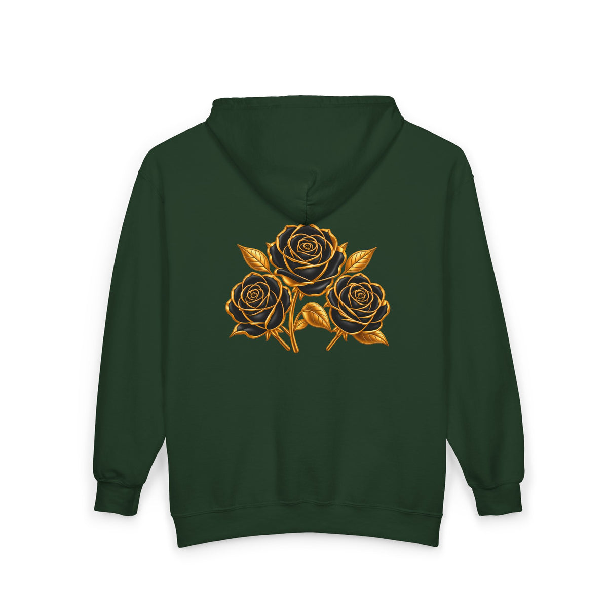 The Three Roses: Unisex Gold Floral Full-Zip Hoodie Graphic Logo