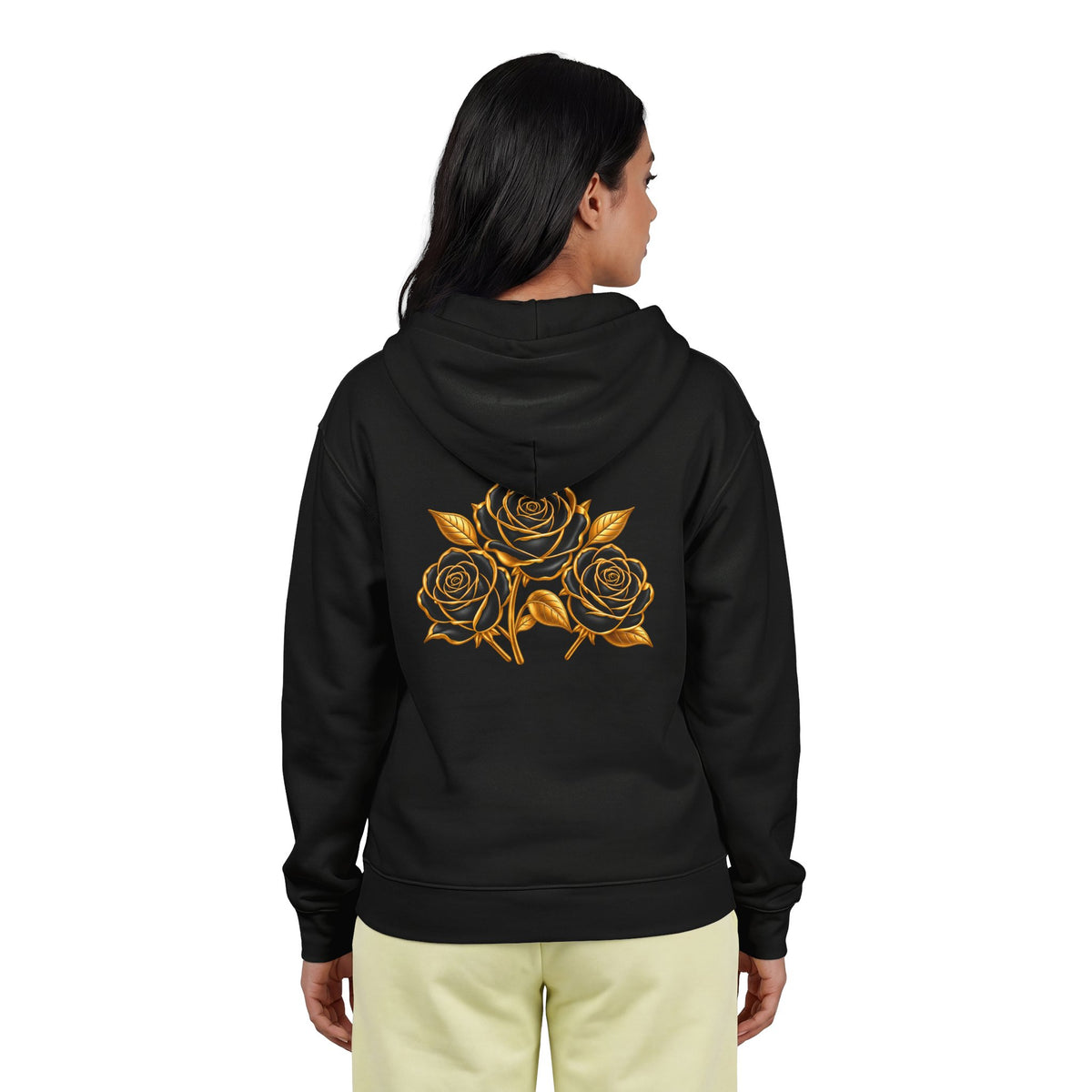 The Three Roses: Unisex Gold Floral Full-Zip Hoodie Graphic Logo