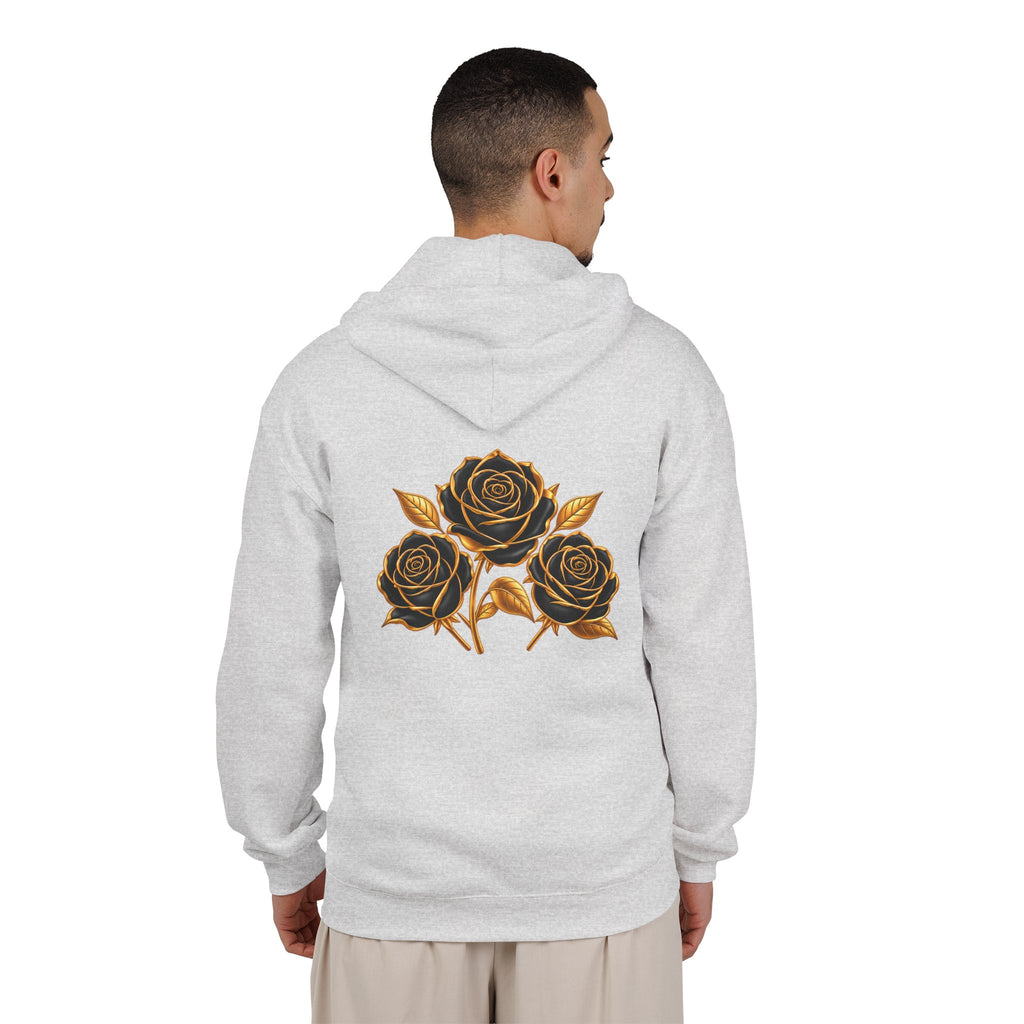 The Three Roses: Unisex Gold Floral Full-Zip Hoodie Graphic Logo