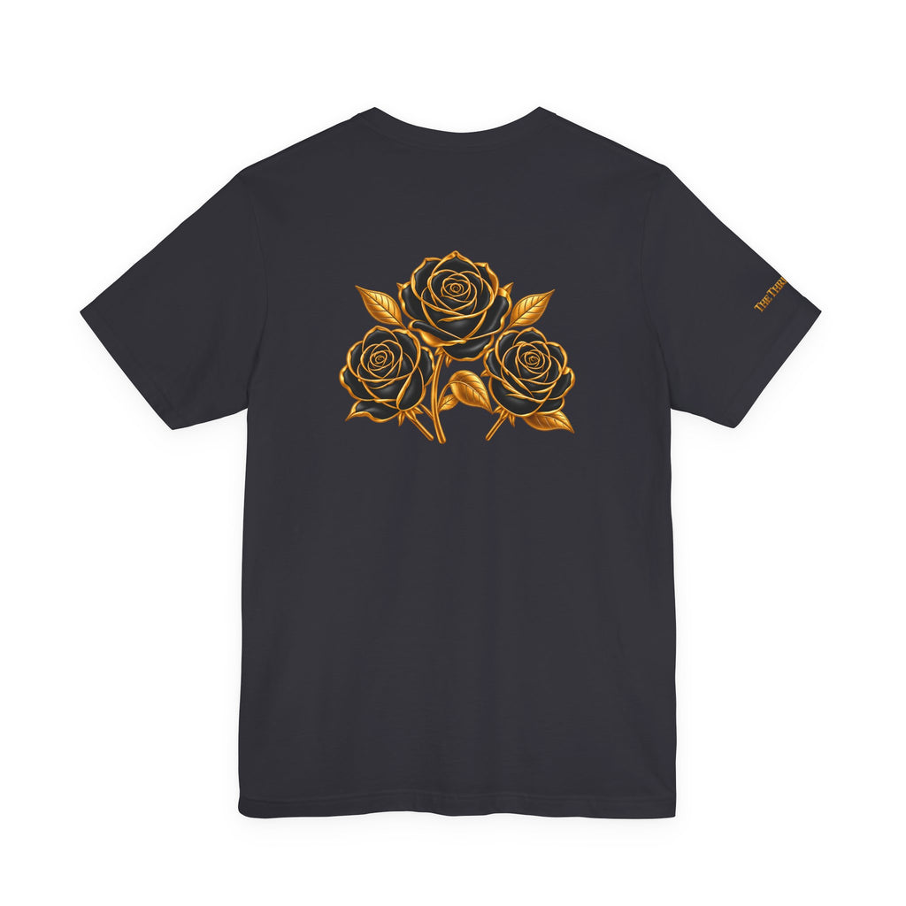 The Three Roses: Unisex Gold Black Rose T-Shirt Graphic Logo