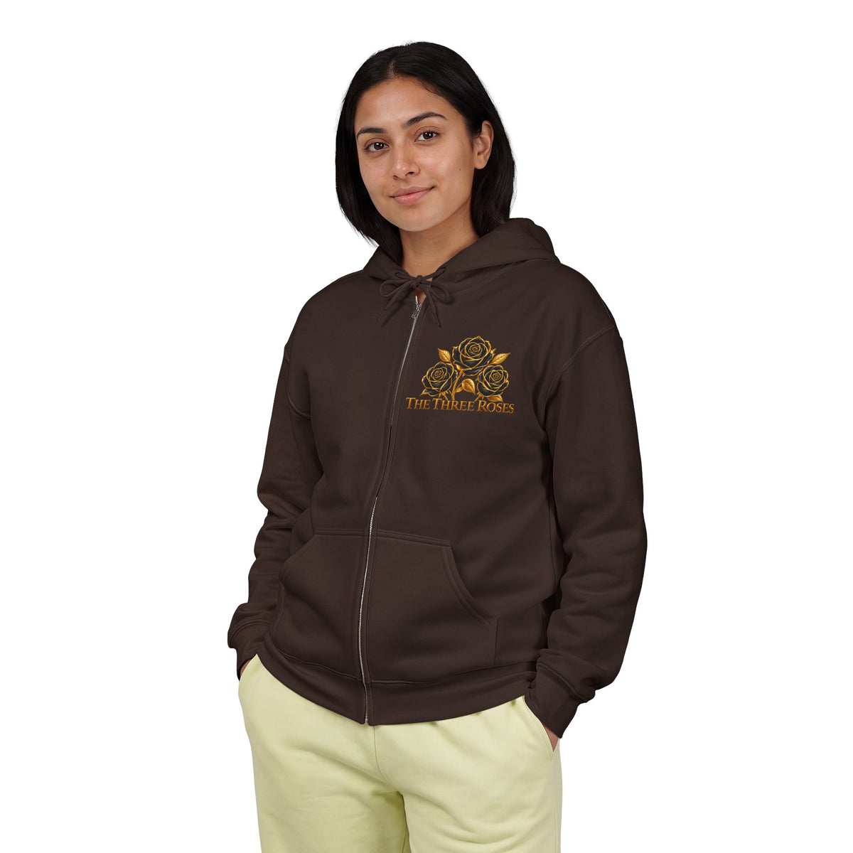 The Three Roses: Unisex Gold Floral Full-Zip Hoodie Graphic Logo