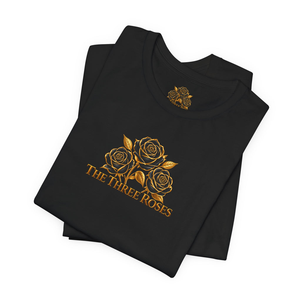The Three Roses: Unisex Gold Black Rose T-Shirt Graphic Logo