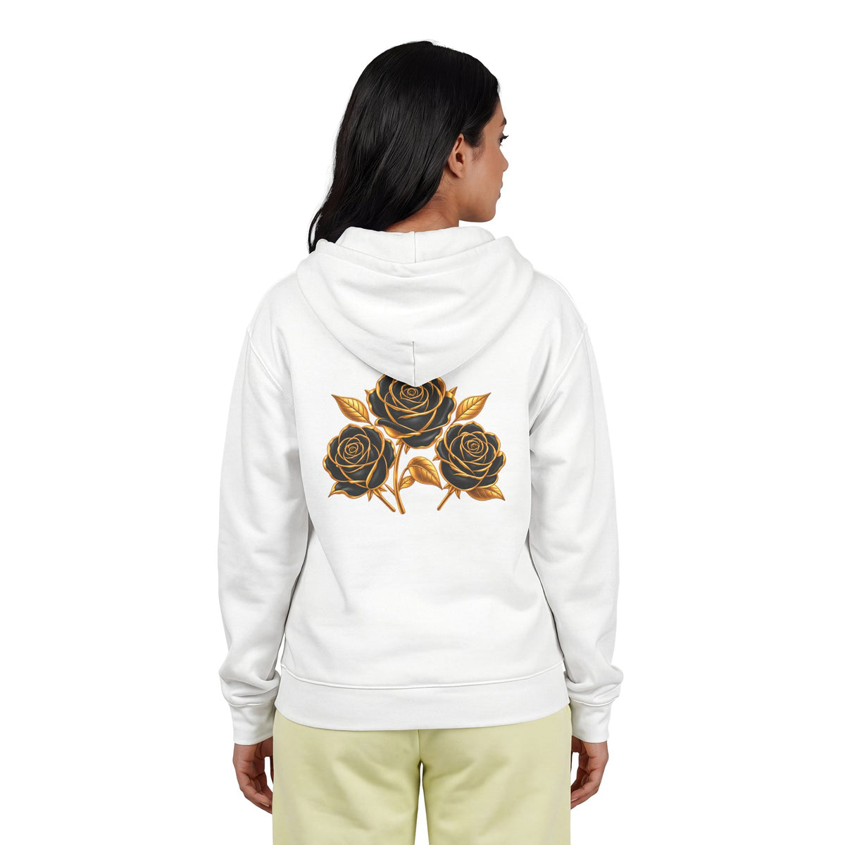 The Three Roses: Unisex Gold Floral Full-Zip Hoodie Graphic Logo