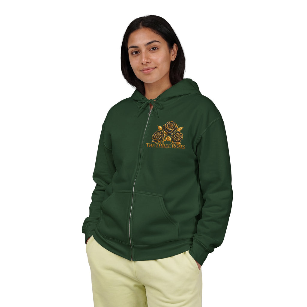 The Three Roses: Unisex Gold Floral Full-Zip Hoodie Graphic Logo