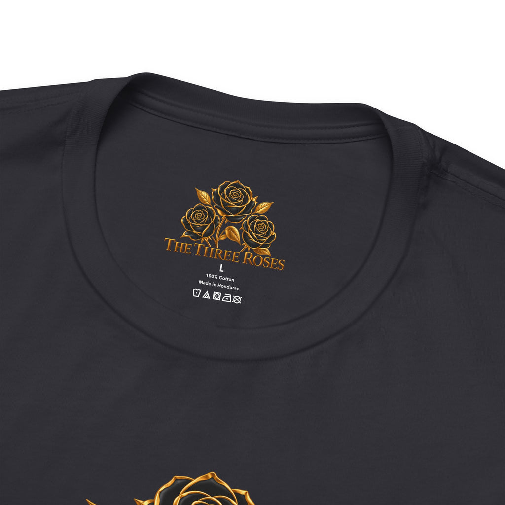 The Three Roses: Unisex Gold Black Rose T-Shirt Graphic Logo