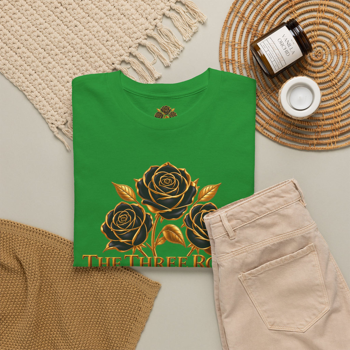 The Three Roses Tee — Mens Gold Floral Graphic T-Shirt