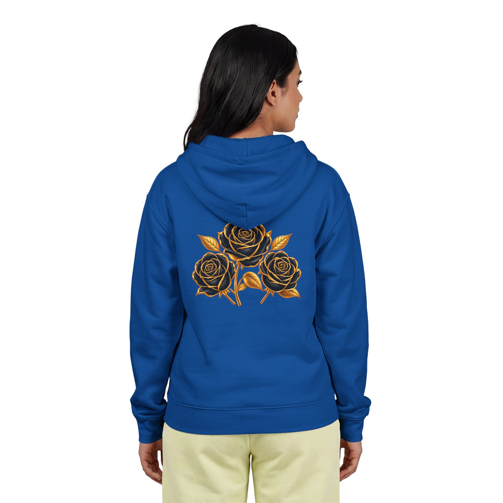 The Three Roses: Unisex Gold Floral Full-Zip Hoodie Graphic Logo