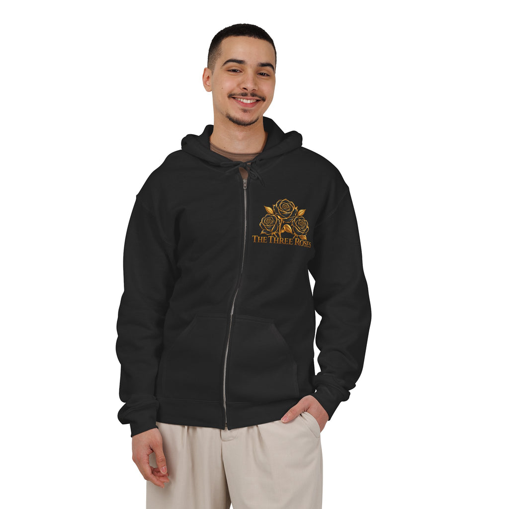 The Three Roses: Unisex Gold Floral Full-Zip Hoodie Graphic Logo
