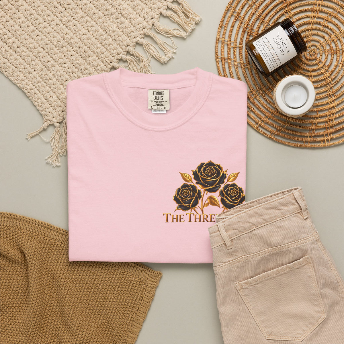 The Three Roses Graphic: Unisex T-Shirt  Gold & Black Floral Tee