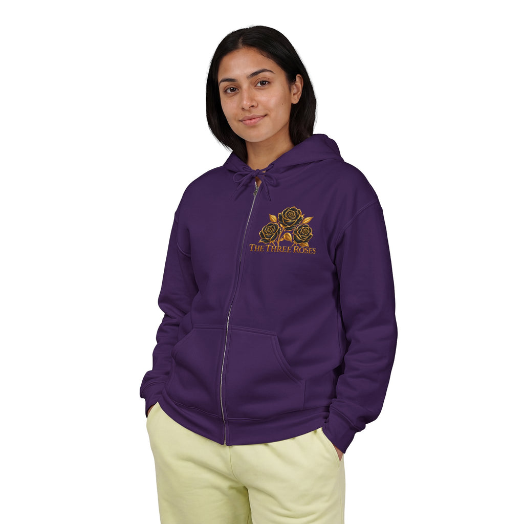 The Three Roses: Unisex Gold Floral Full-Zip Hoodie Graphic Logo