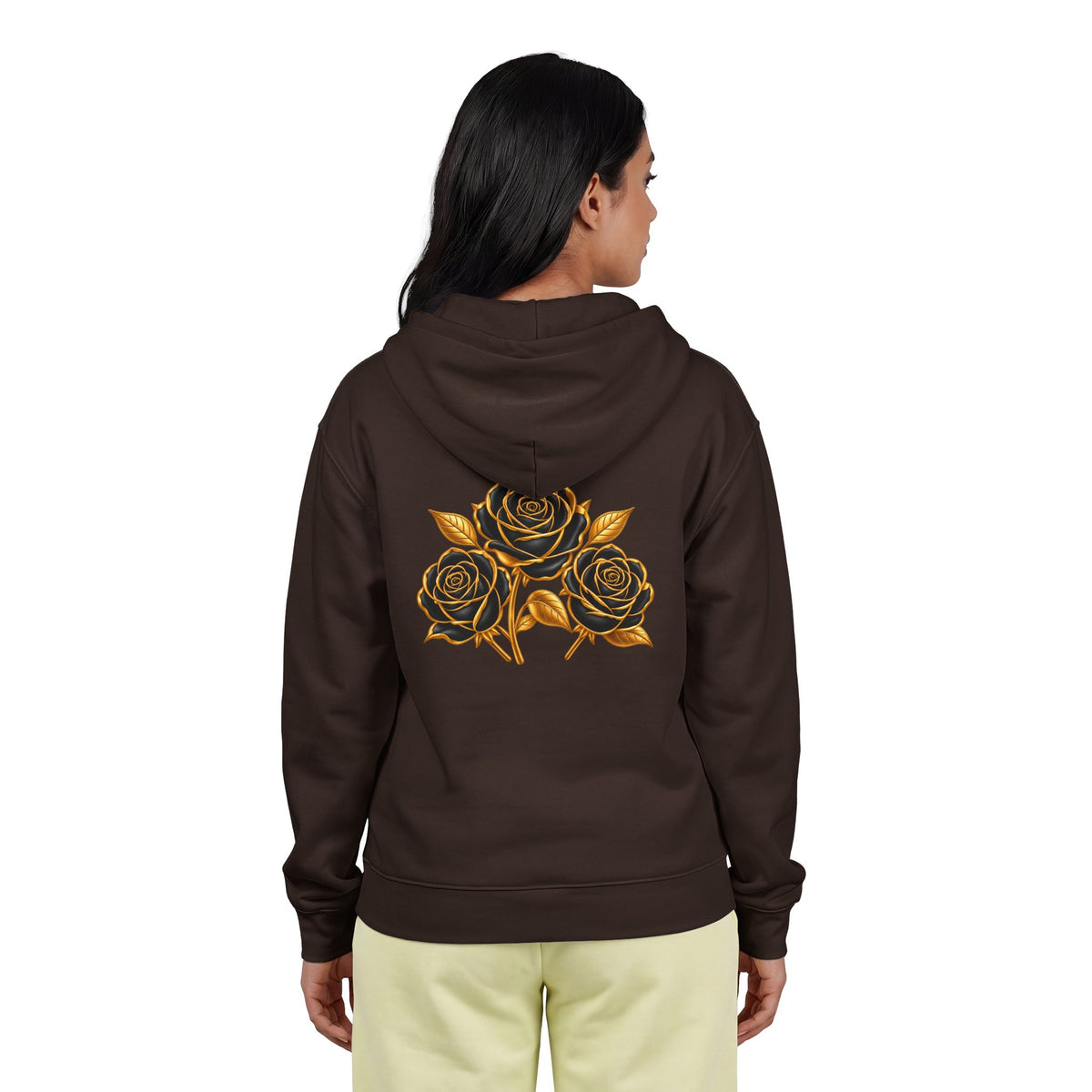 The Three Roses: Unisex Gold Floral Full-Zip Hoodie Graphic Logo