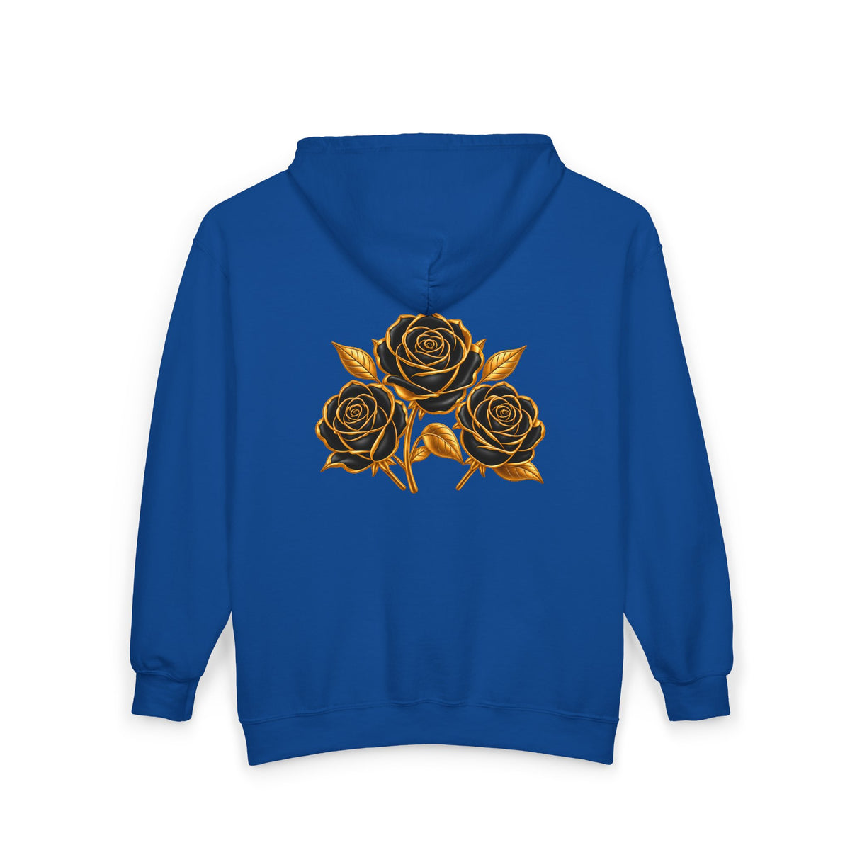 The Three Roses: Unisex Gold Floral Full-Zip Hoodie Graphic Logo
