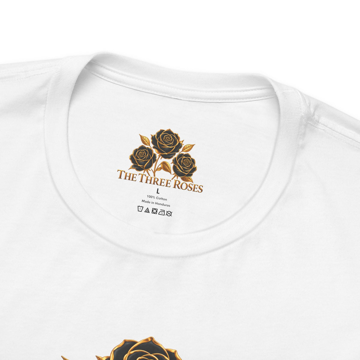 The Three Roses: Unisex Gold Black Rose T-Shirt Graphic Logo