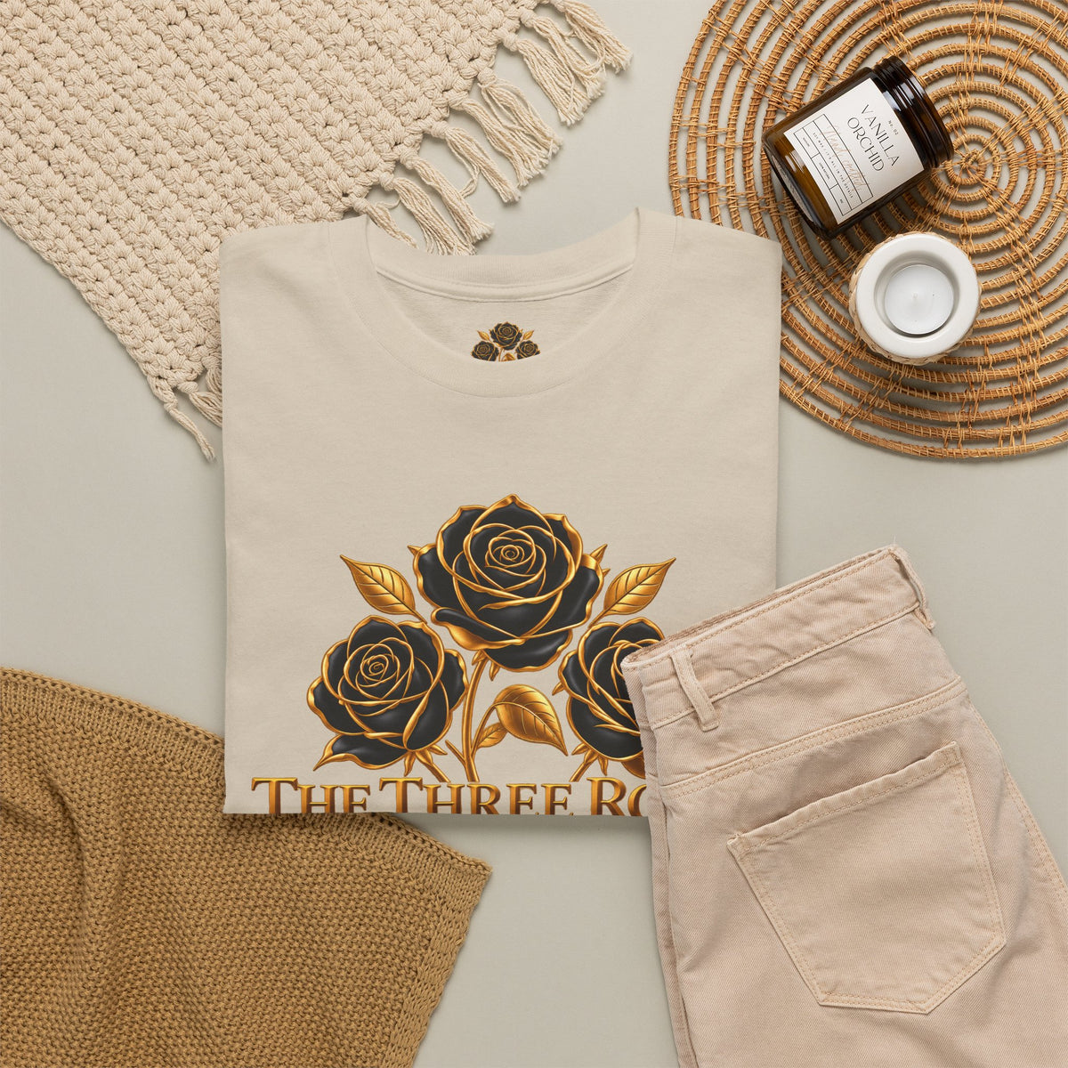The Three Roses Tee — Mens Gold Floral Graphic T-Shirt