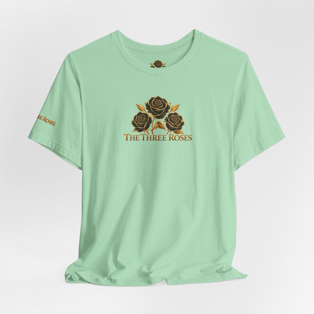The Three Roses: Unisex Gold Black Rose T-Shirt Graphic Logo