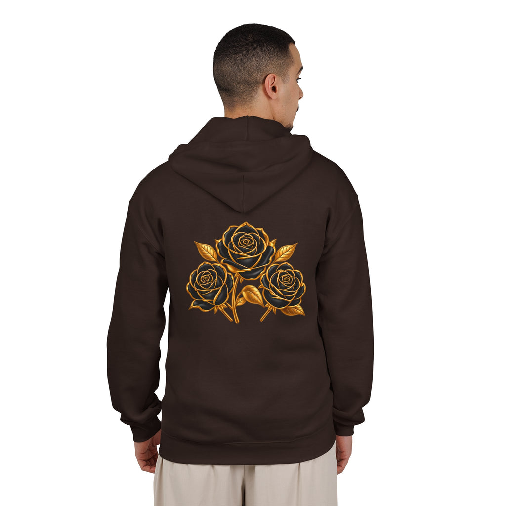The Three Roses: Unisex Gold Floral Full-Zip Hoodie Graphic Logo