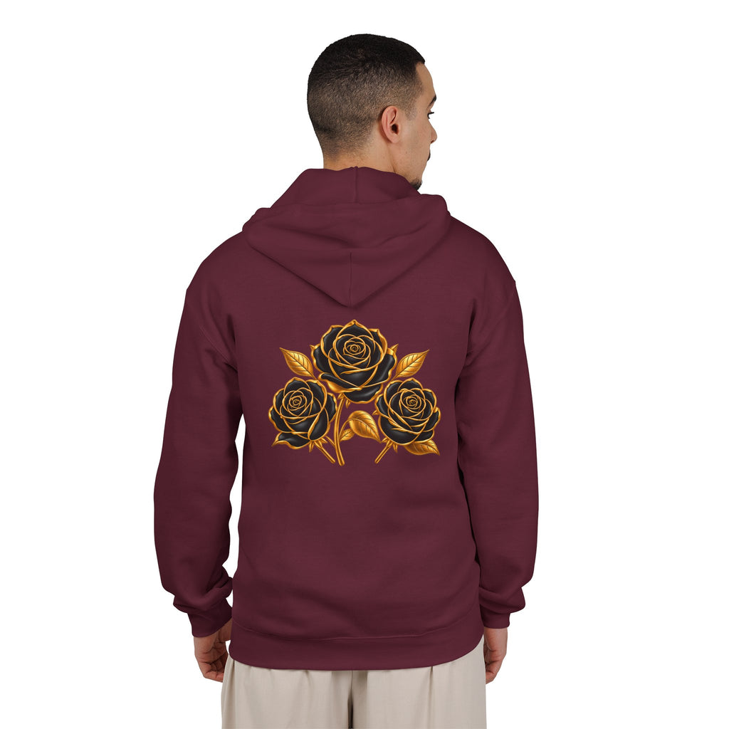 The Three Roses: Unisex Gold Floral Full-Zip Hoodie Graphic Logo
