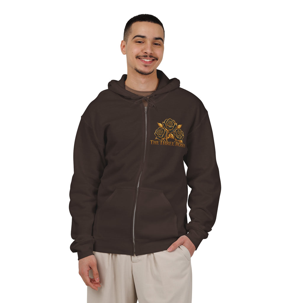 The Three Roses: Unisex Gold Floral Full-Zip Hoodie Graphic Logo
