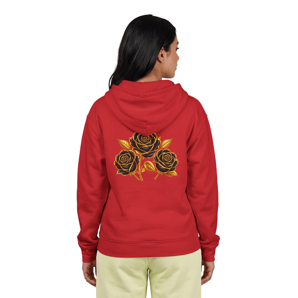 The Three Roses: Unisex Gold Floral Full-Zip Hoodie Graphic Logo