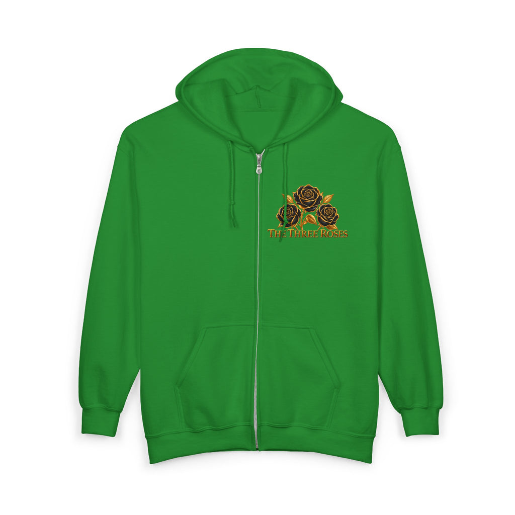 The Three Roses: Unisex Gold Floral Full-Zip Hoodie Graphic Logo