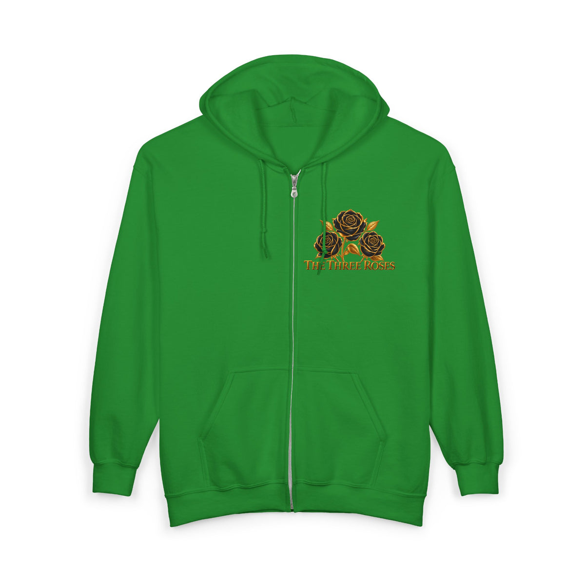 The Three Roses: Unisex Gold Floral Full-Zip Hoodie Graphic Logo