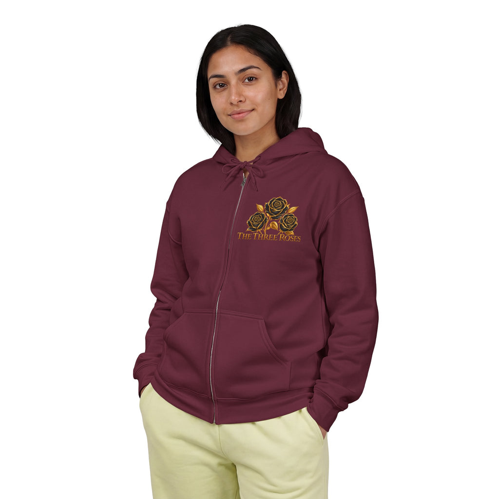 The Three Roses: Unisex Gold Floral Full-Zip Hoodie Graphic Logo