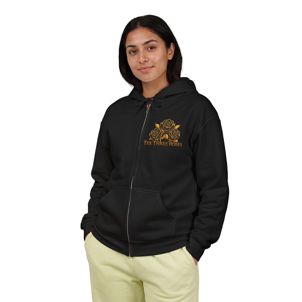 The Three Roses: Unisex Gold Floral Full-Zip Hoodie Graphic Logo