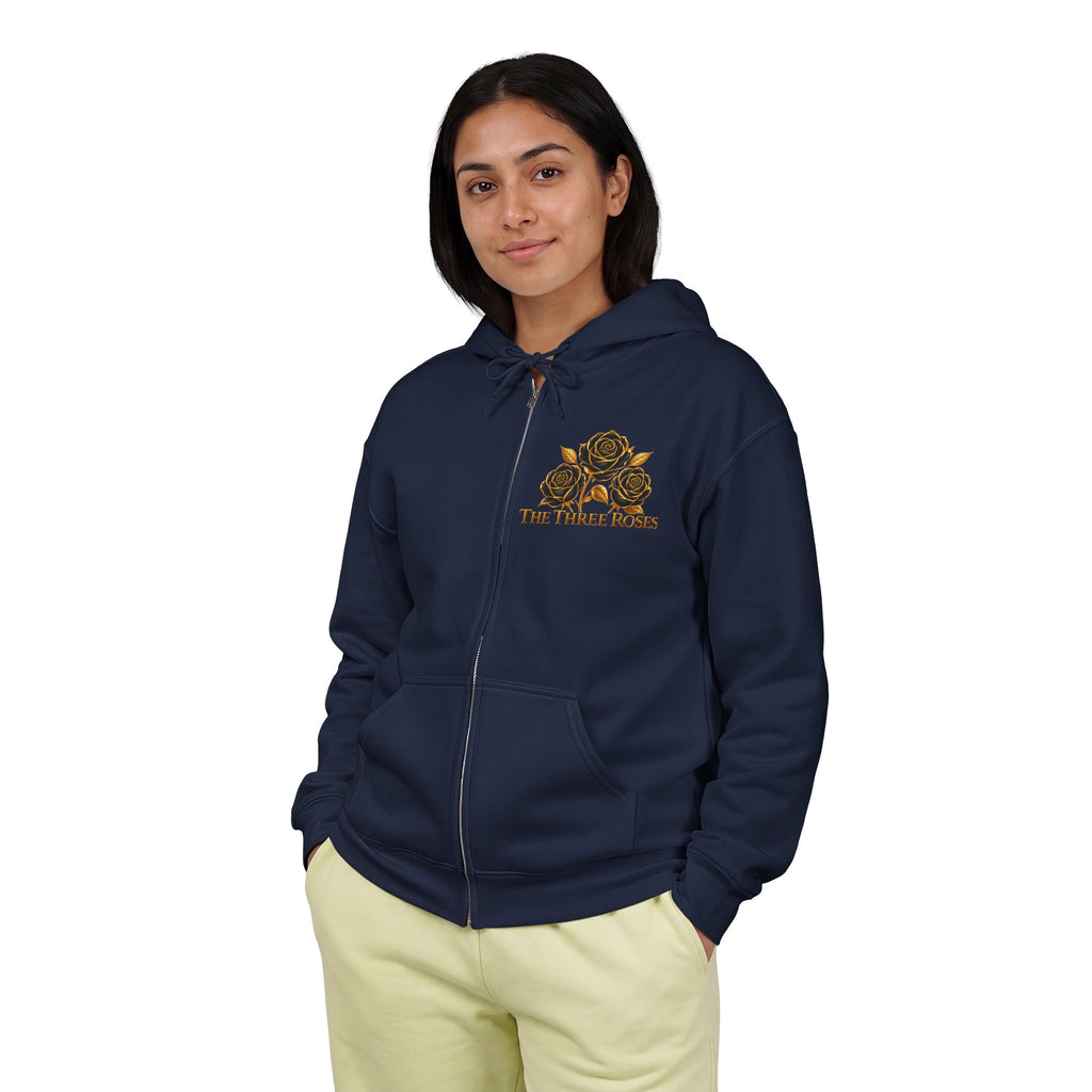 The Three Roses: Unisex Gold Floral Full-Zip Hoodie Graphic Logo