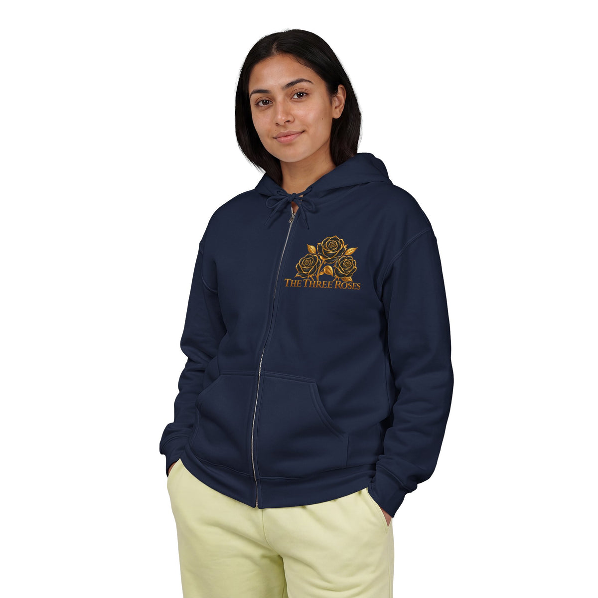 The Three Roses: Unisex Gold Floral Full-Zip Hoodie Graphic Logo