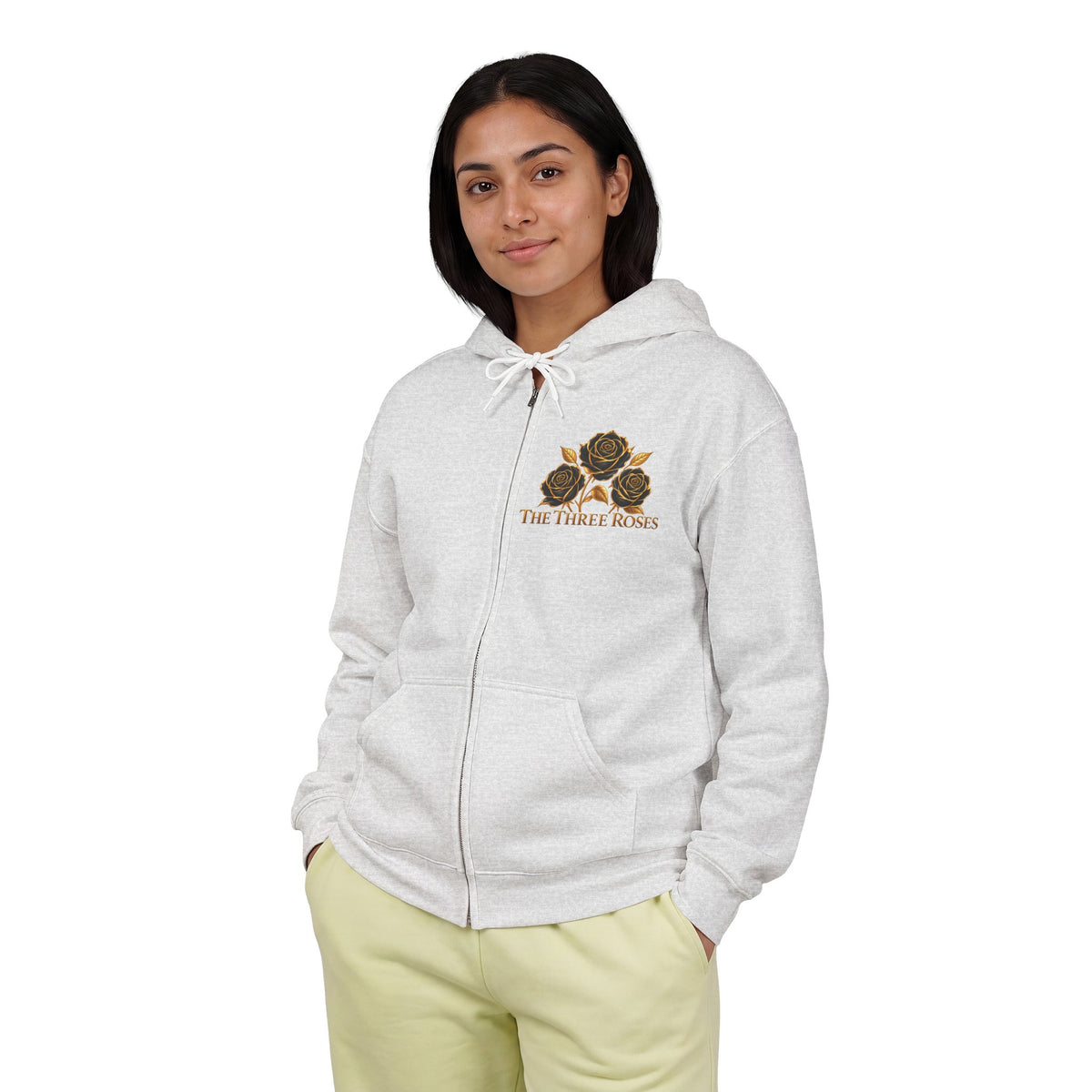 The Three Roses: Unisex Gold Floral Full-Zip Hoodie Graphic Logo