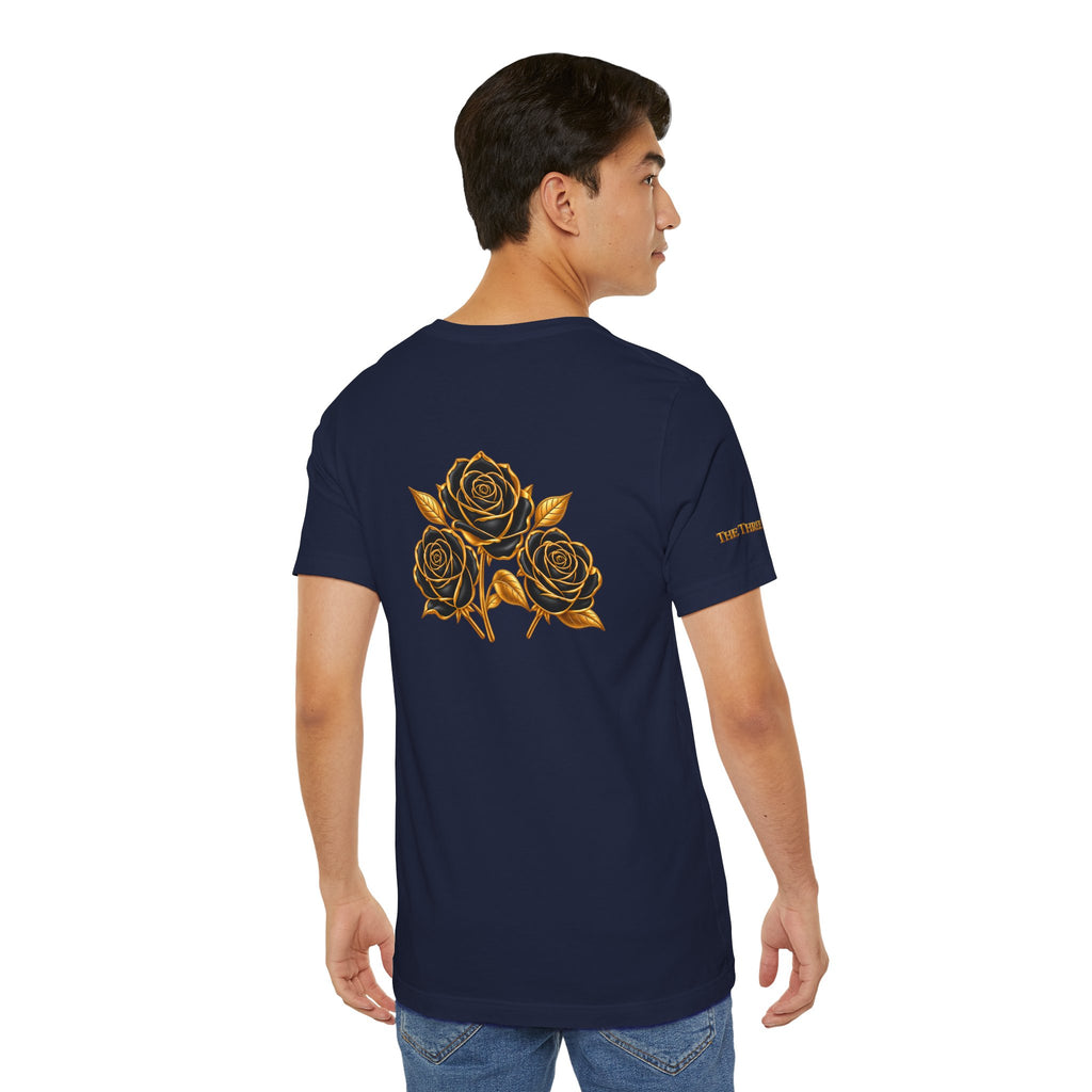 The Three Roses: Unisex Gold Black Rose T-Shirt Graphic Logo