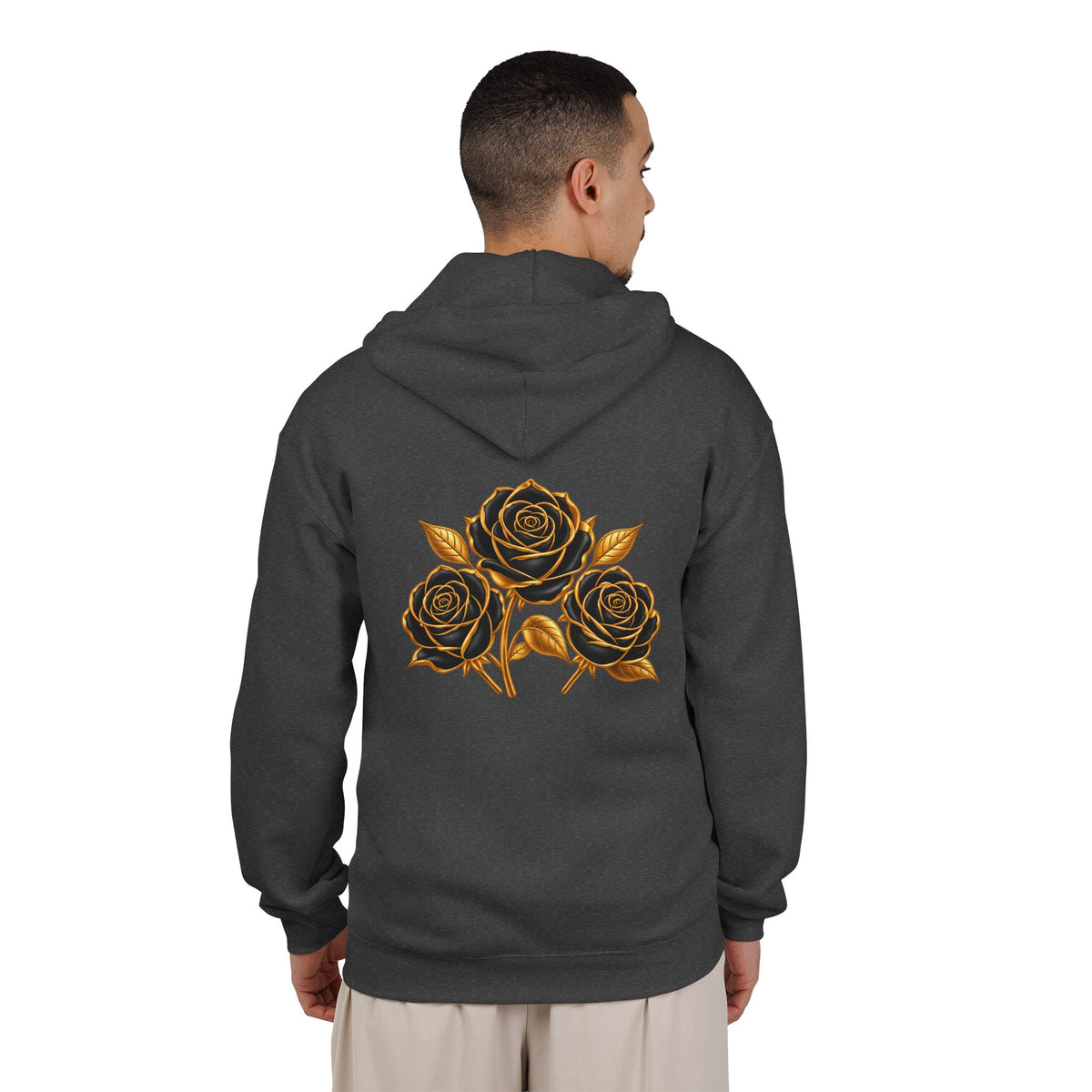 The Three Roses: Unisex Gold Floral Full-Zip Hoodie Graphic Logo